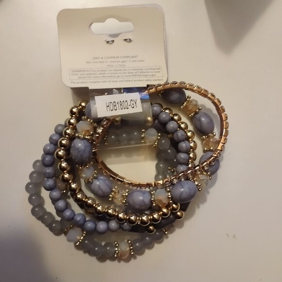 Set Of 6 Stretch Beaded Bracelets In Gray & Gold Tones By Riah Fashion-NEW - Picture 5 of 6